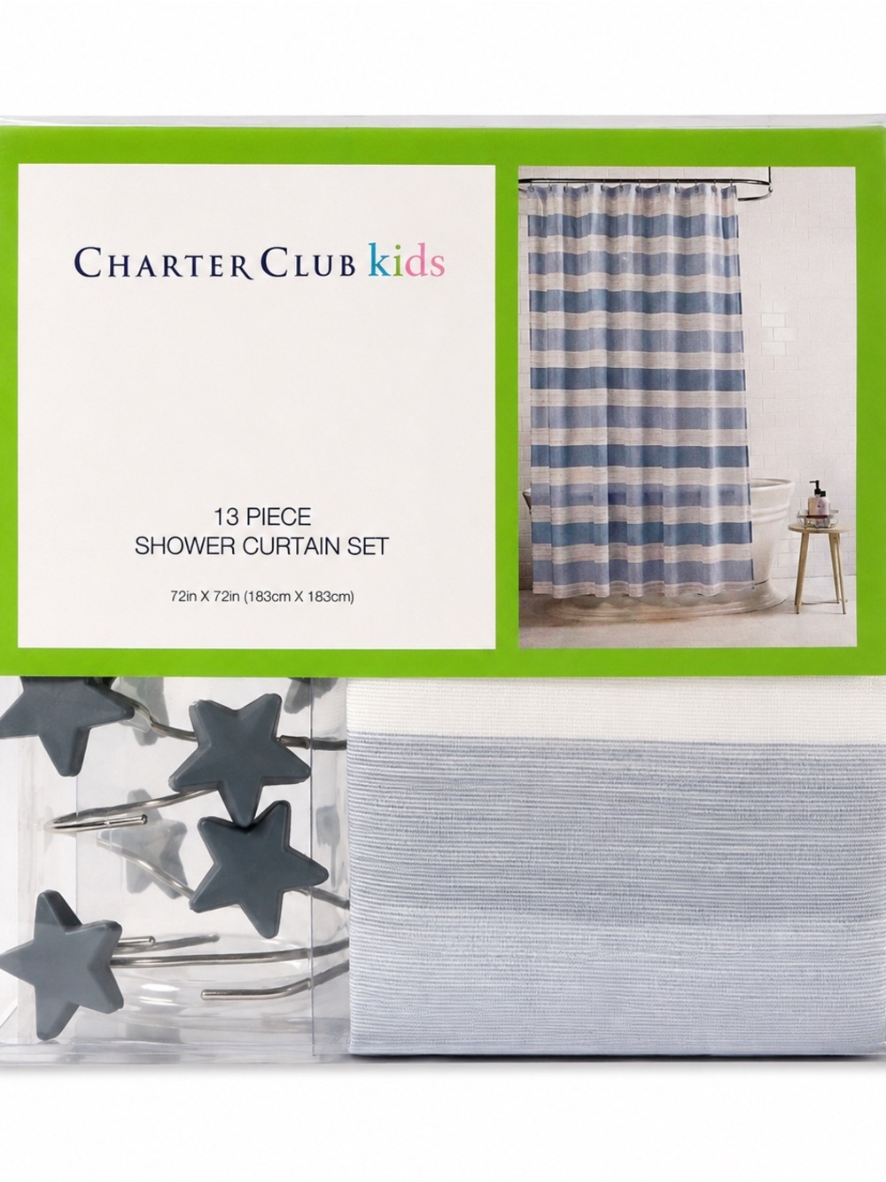 NWT Charter Club Kids 13 Pc Blue Stripe Shower Curtain Set Light Blue Stars